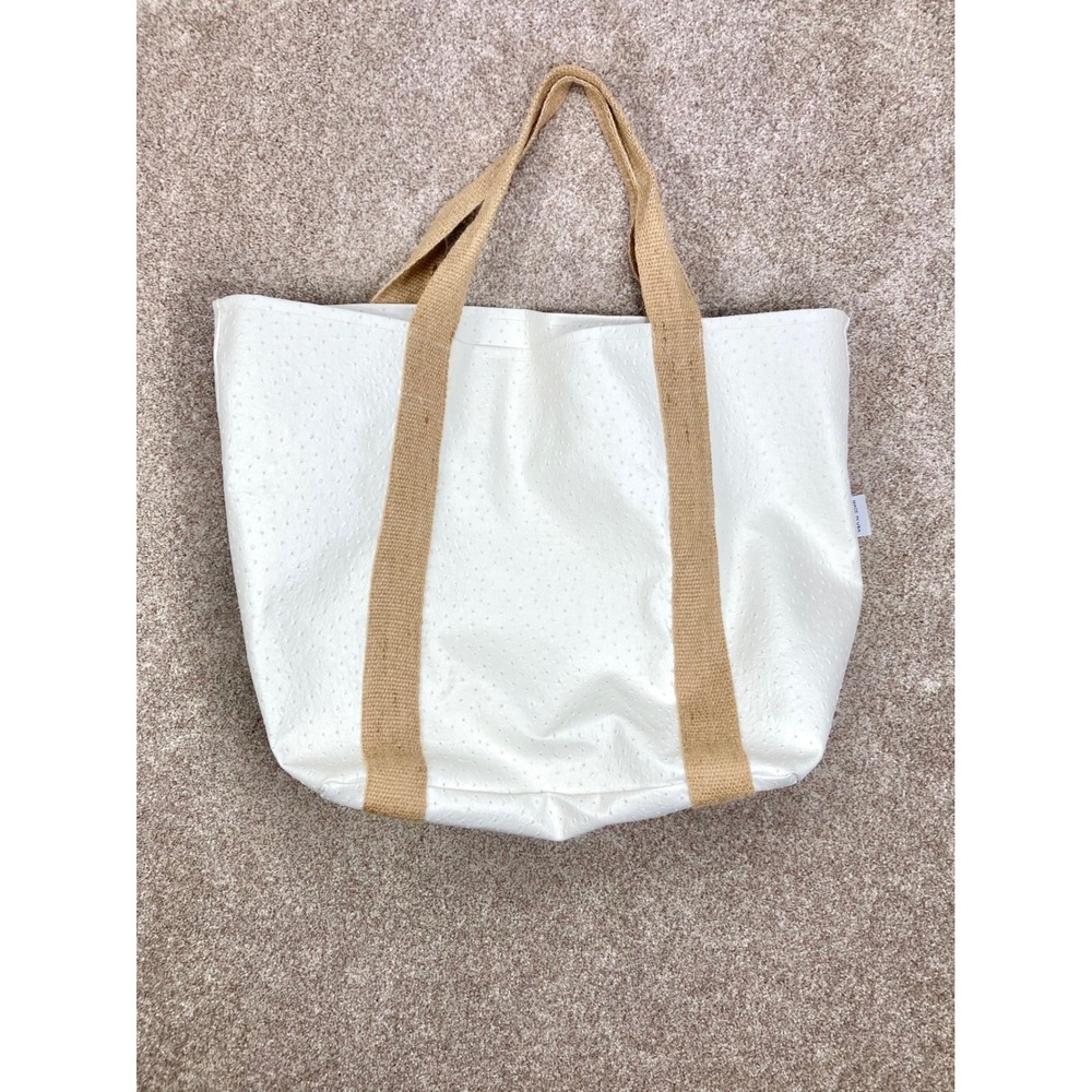 Room 422 Ostrich Embossed Faux Leather Tote Bag Womens L White Tan Summer Beach